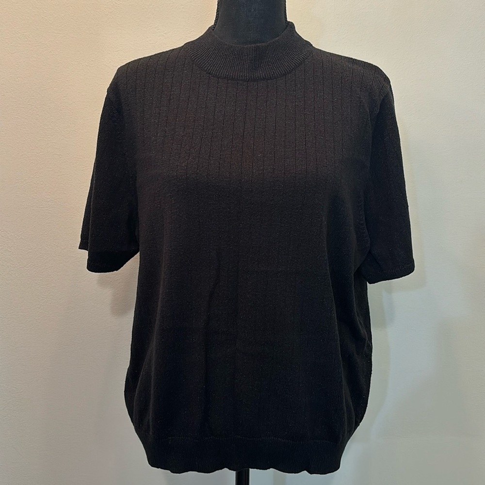 Black Sweater Sag Harbor Women’s L‎ Silver Sparkle Glitter Short Sleeve Party